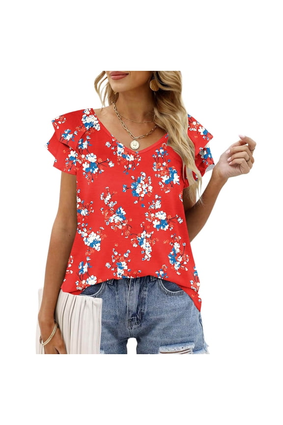 1 Pcs Womens Summer Tops Ruffle Short Sleeve V Neck T-Shirts Casual Loose Fit
