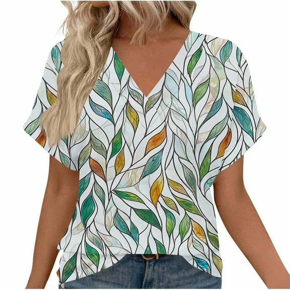 Rezuofi 1 Pcs Womens Summer Tops V Neck Short Sleeve Shirts Trendy Dressy Casual Vacation Outfits Printed 2025