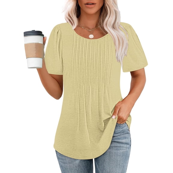 Rezuofi 1 Pcs Womens T Shirts Short Sleeve Pleated Dressy Casual Scooped Neck Summer Tops Blouses