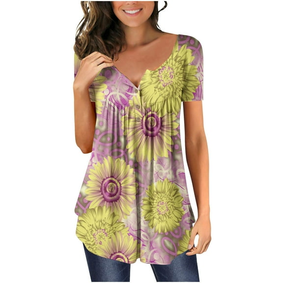 Rezuofi 1 Pcs Womens Tops Hide Belly Tunic Summer Short Sleeve T Shirts Flowy Henley Tshirt Casual Dressy Blouses for Leggings