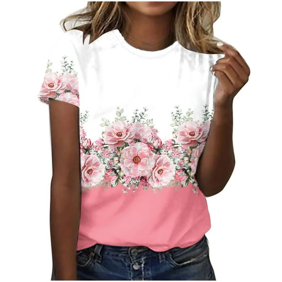 Rezuofi 1 Pcs Womens Tops Short Sleeve Loose Fit Floral Print Crewneck Pullover Blouse Causal Graphic Tee Shirts Trendy Clothes
