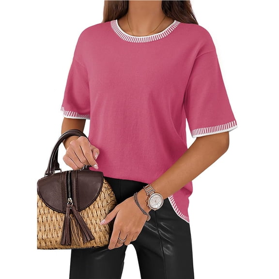Rezuofi 1 Pcs Womens Tops Trendy Casual Short Sleeve Shirts Crewneck Lightweight Knit Sweater Top