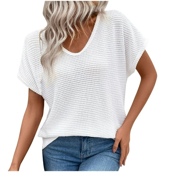 Rezuofi 1 Pcs Womens Waffle Knit Tops 2025 Spring Summer V Neck Shirts Casual Trendy Women's Blouses Basic Tee