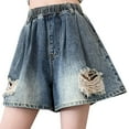 thumbnail image 1 of Rezuofi 1 Pcs Y2K Gothic Grunge Casual Style High Waist Wide Leg Vintage Distressed Frayed Stars Trim Denim Cargo Shorts, 1 of 4