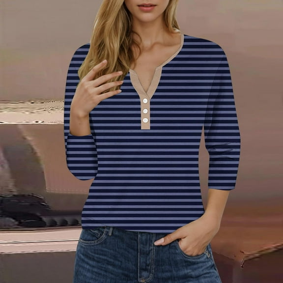 Rezuofi 2 Pcs 3/4 Sleeve Tops for Women Henley Raglan Notched V Neck T Shirts Three Quarter Length Button Shirts Womens Blouses