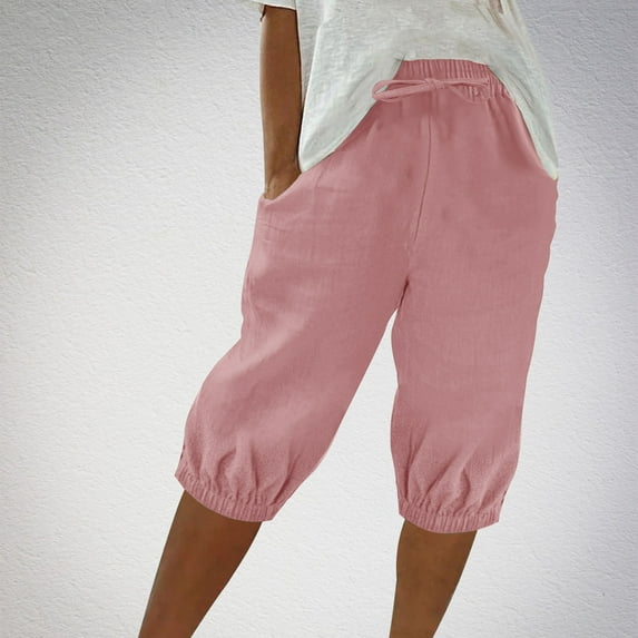 Rezuofi 2 Pcs Bermuda Shorts for Women Casual Cotton Linen Elastic Waisted Drawstring Cinch Bottom Pants Loose Shorts with Pockets