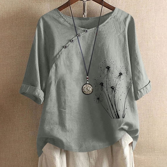 Rezuofi 2 Pcs Cotton Linen Tops for Women Loose Fit Casual Roll Up Short Sleeve T-Shirt Cute Floral Print Boho Blouse 2025 Summer