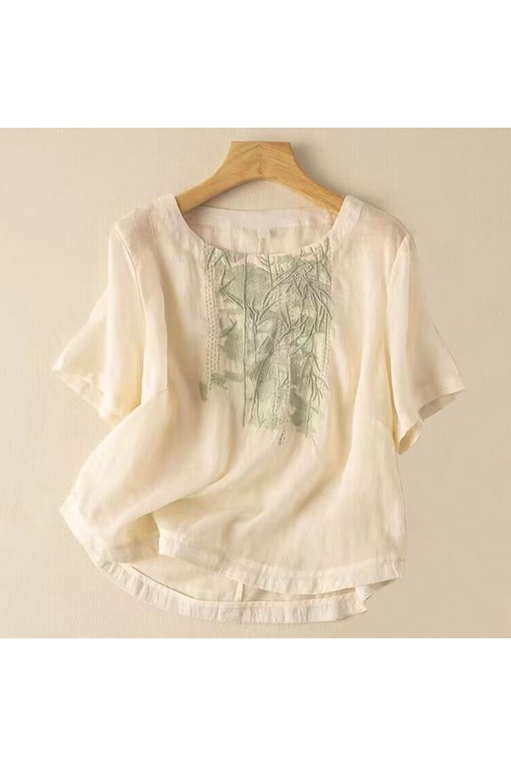 2 Pcs Cotton Linen Tops for Womens Summer Crew Neck Short Sleeve Blouses Embroidery Vintage Casual Loose Shirts