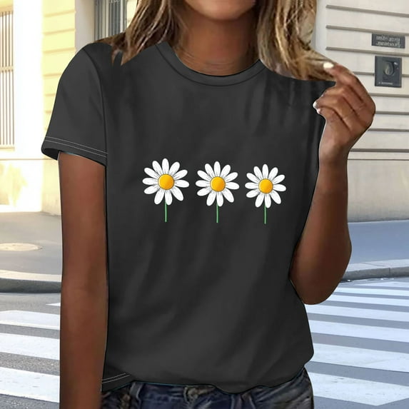 Rezuofi 2 Pcs Daisy Shirts for Women Oversized T Shirts Flower Graphic Tees Vintage Floral Print Crewneck Cotton Short Sleeve Tops