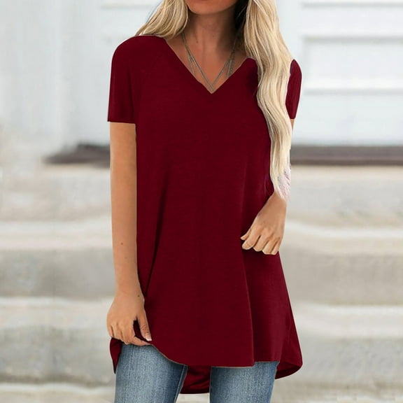 Rezuofi 2 Pcs Long Shirts for Women to Wear with Leggings Plus Size Short Sleeve V Neck Tunic Tops Dressy Casual Cute Blouses Fall Clothes