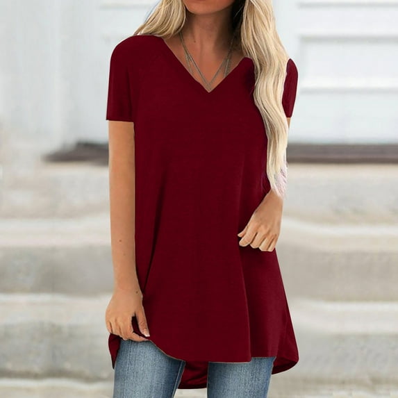 Rezuofi 2 Pcs Long Shirts for Women to Wear with Leggings Plus Size Short Sleeve V Neck Tunic Tops Dressy Casual Cute Blouses Fall Clothes