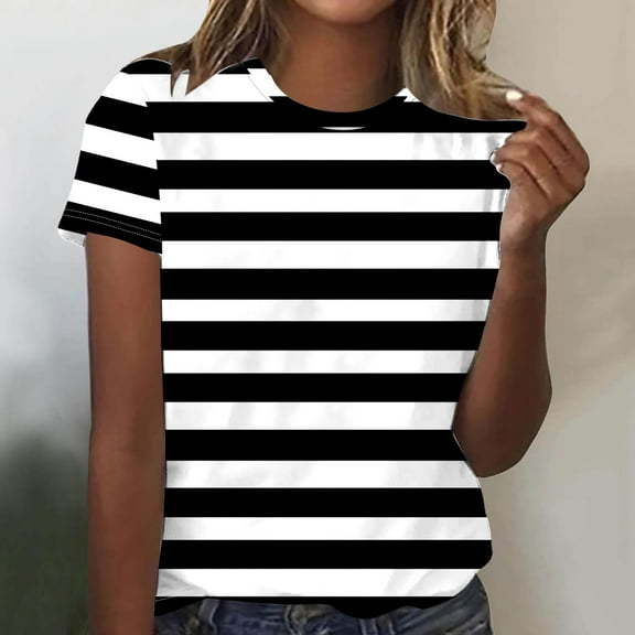 Rezuofi 2 Pcs Rainbow T Shirt Women Striped Crew Neck Short Sleeve Stripes Tee Top Stripped