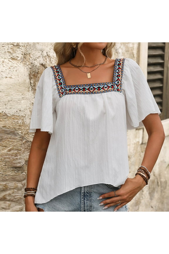 2 Pcs Shirts for Women Boho Embroidered Short Butterfly Sleeve Tops Square Neck Loose Blouses Peasant Tees Tunics
