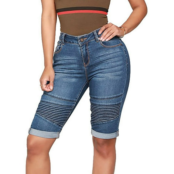 Rezuofi 2 Pcs Short Jeans Women High Waisted Tummy Control Solid Color Skinny Jeans Trendy Bermuda Shorts