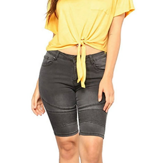 Rezuofi 2 Pcs Short Jeans Women High Waisted Tummy Control Solid Color Skinny Jeans Trendy Bermuda Shorts