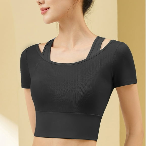 Rezuofi 2 Pcs Short Sleeve Shirts for Women Scoop Neck Casual Crop Tops Workout Yoga Basic Slim Fit T-Shirts