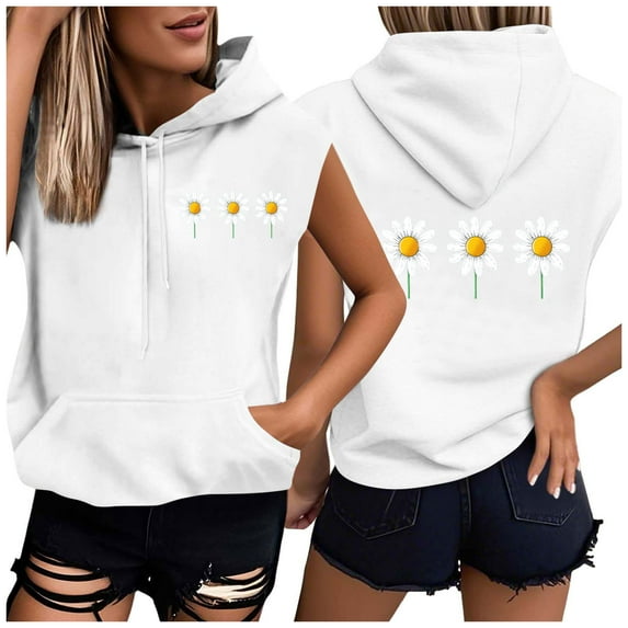 Rezuofi 2 Pcs Sleeveless Vest Tops with Hood for Women Casual Loose Fit Hoodie Lightweight Drawstring Pullover Sweatshirt with Pockets