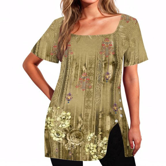 Rezuofi 2 Pcs Square Neck Tops for Womens Dressy Tunic Tshirts Retro Floral Graphic Tees Summer Fashion Ladies Short Sleeve Blouse 2025