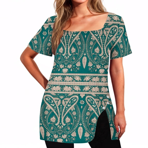 Rezuofi 2 Pcs Square Neck Tops for Womens Dressy Tunic Tshirts Retro Floral Graphic Tees Summer Fashion Ladies Short Sleeve Blouse
