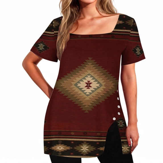 Rezuofi 2 Pcs Square Neck Tops for Womens Dressy Tunic Tshirts Retro Floral Graphic Tees Summer Fashion Ladies Short Sleeve Blouse