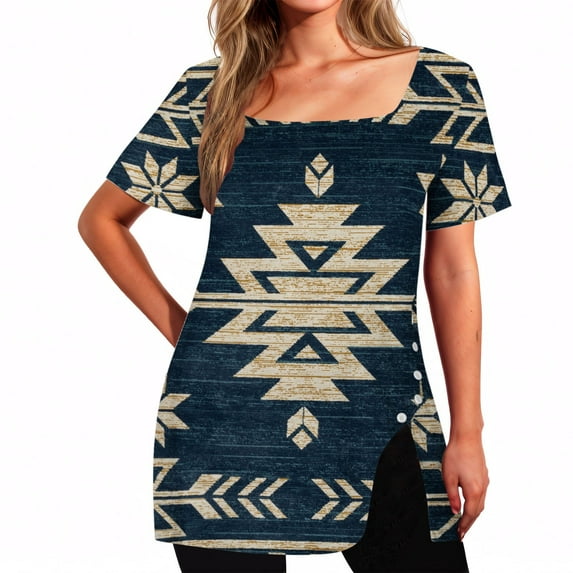 Rezuofi 2 Pcs Square Neck Tops for Womens Dressy Tunic Tshirts Retro Floral Graphic Tees Summer Fashion Ladies Short Sleeve Blouse