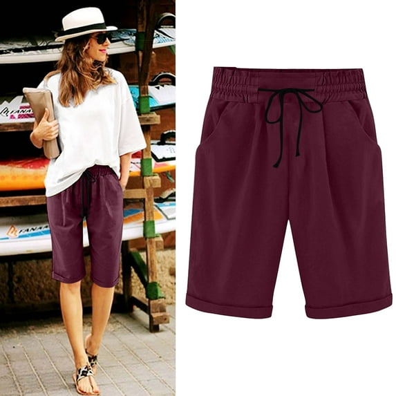 Rezuofi 2 Pcs Summer Shorts for Women Loose Fit Knee Length Bermuda Shorts with Drawstring Pockets Casual Beach Half Pants 2025