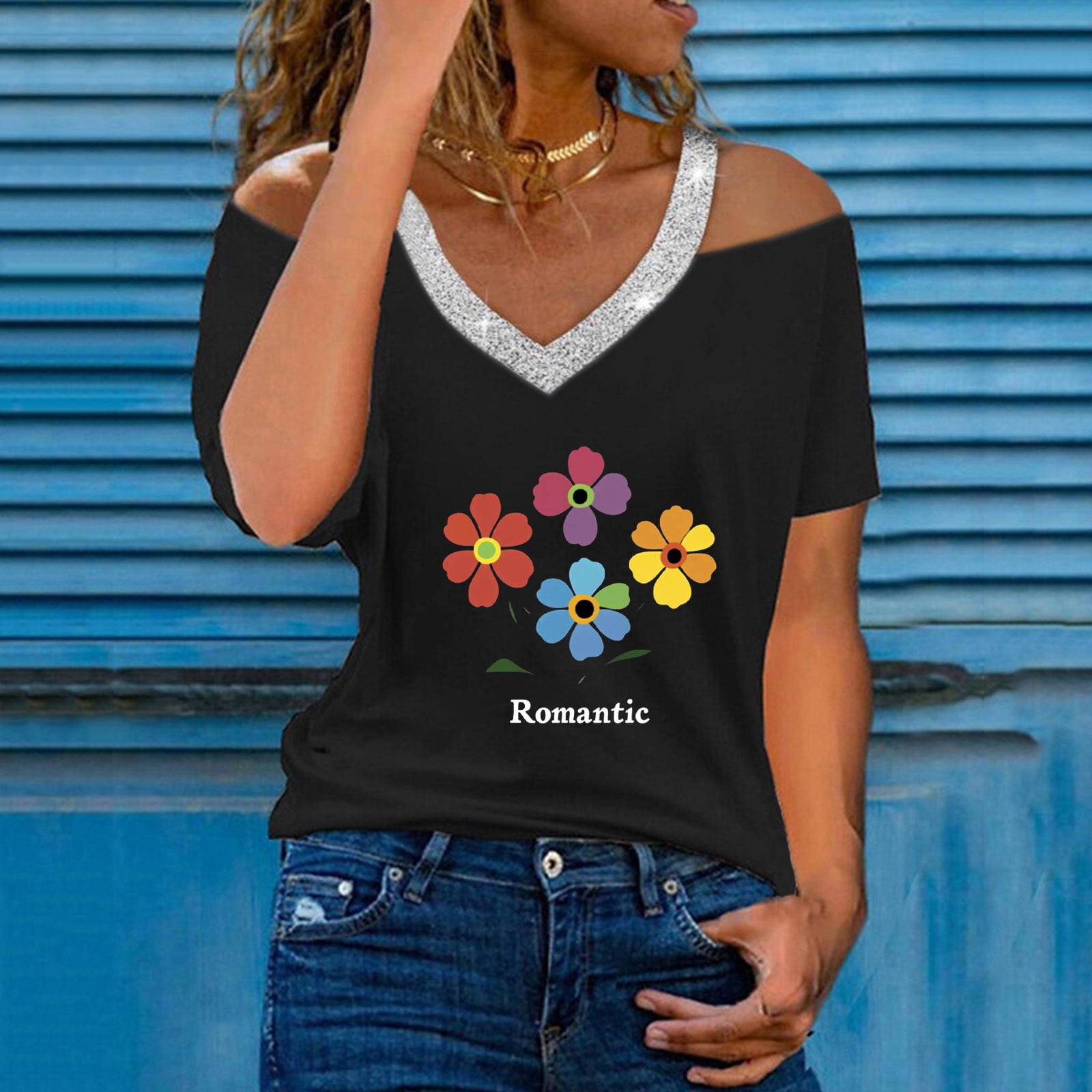OFEEFAN Women's Cold Shoulder V-Neck Top - Summer Short Sleeve Tee For Casual & Dressy Outfits - View #11