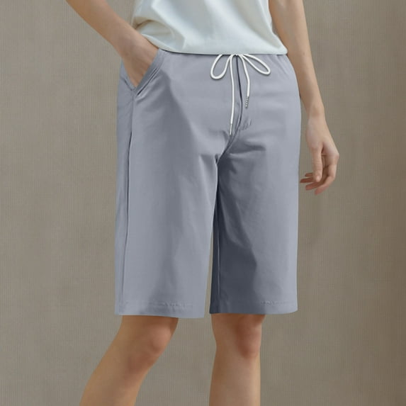 Rezuofi 2 Pcs Trendy High Waist Bermuda Shorts for Women Casual Summer Loose Fit Knee-Length Pant Daily Basic Shorts with Pockets