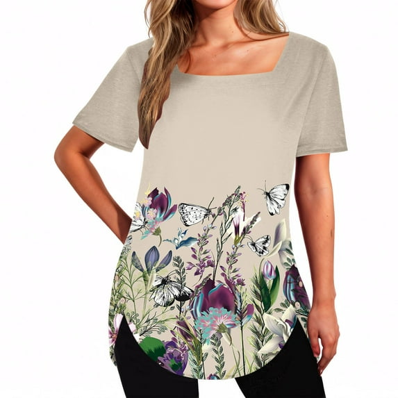 Rezuofi 2 Pcs Tunic Tops for Women Trendy 2025 Boho Floral Print Summer Shirts Dressy Casual Square Neck Short Sleeve Blouses