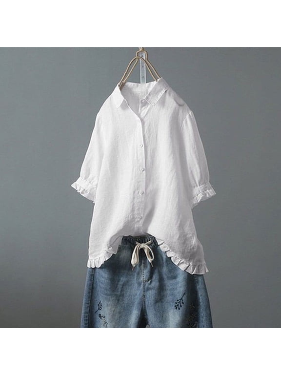 2 Pcs Women Button Down Linen Shirts Solid Summer Casual Blouses Ruffle Hem Flowy Tops