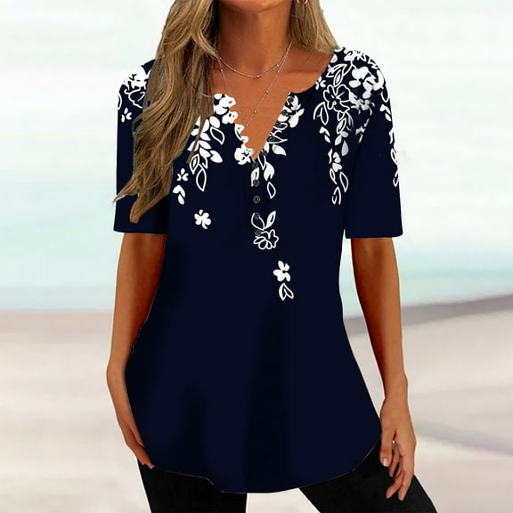 Rezuofi 2 Pcs Women Floral Print Henley Shirts Button Down V Neck Causal Tops Short Sleeve Tunic Blouses Dressy Ladies Outfits