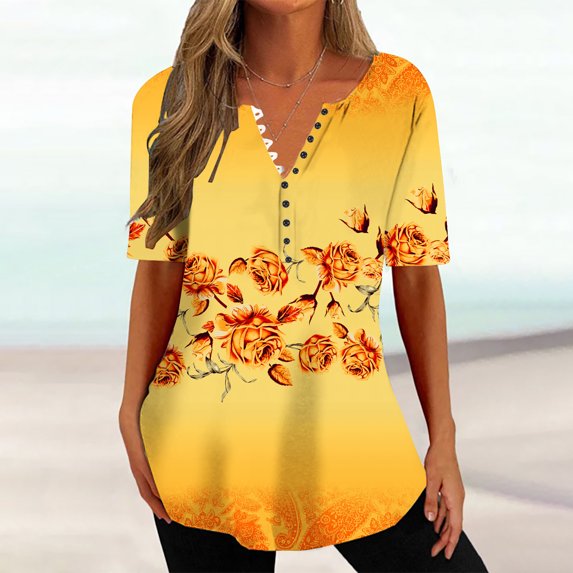 Rezuofi 2 Pcs Women Floral Print Henley Shirts Button Down V Neck Causal Tops Short Sleeve Tunic Blouses Dressy Ladies Outfits