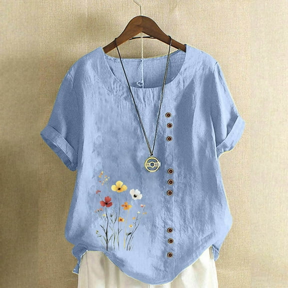 Rezuofi 2 Pcs Women Floral Print Linen Shirts Short Sleeve Gauze Tops Loose Fit Cotton Blouses Trendy Clothing 2025