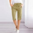 thumbnail image 1 of Rezuofi 2 Pcs Women Half Linen Pants with Pockets Elastic Waist Shorts Summer Beach Capris Solid Straight Wide Leg Knee Length Pant, 1 of 6