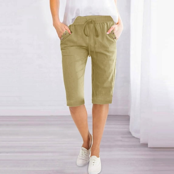 Rezuofi 2 Pcs Women Half Linen Pants with Pockets Elastic Waist Shorts Summer Beach Capris Solid Straight Wide Leg Knee Length Pant