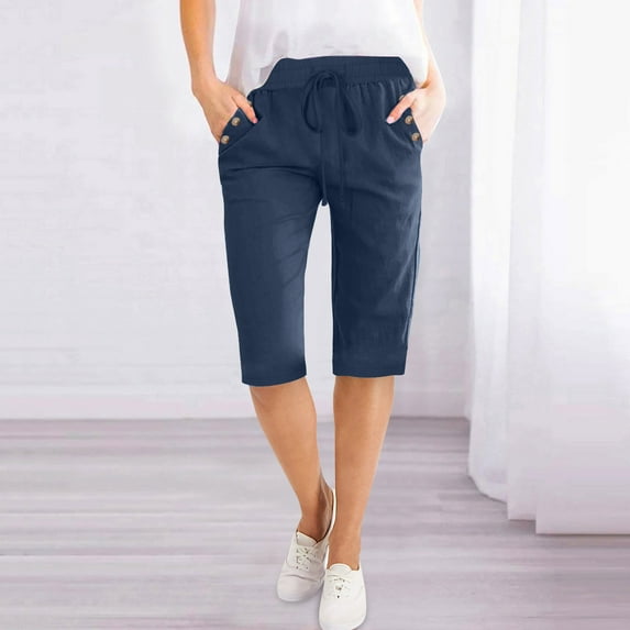 Rezuofi 2 Pcs Women Half Linen Pants with Pockets Elastic Waist Shorts Summer Beach Capris Solid Straight Wide Leg Knee Length Pant
