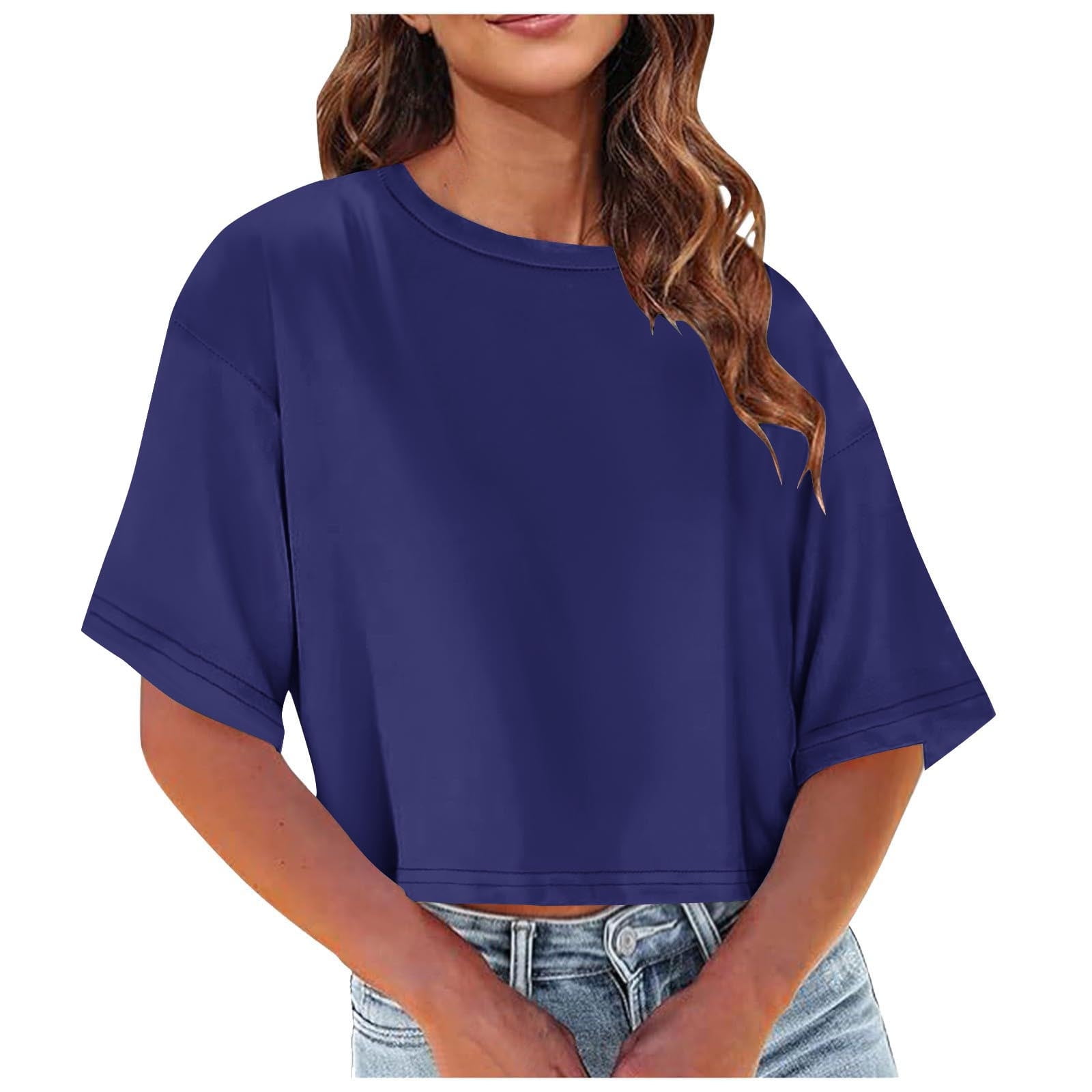 Tankaneo Women's Half Sleeve Cropped T-Shirt - Drop Shoulder Round Neck Basic Tee, Solid Blue, X-Large - View #5