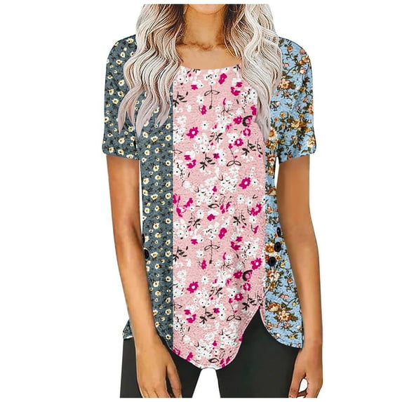 Rezuofi 2 Pcs Women High Low Hem Tops Leaf Print Blouses Shirts Short Sleeve Dressy Casual Tunic Trendy Ladies Clothes 2025