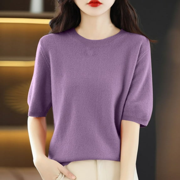 Rezuofi 2 Pcs Women Short Sleeve Sweaters Tops 2025 Fall Crew Neck Pullover Shirt Lightweight Soft Knit Sweater Blouse Solid Jumpers