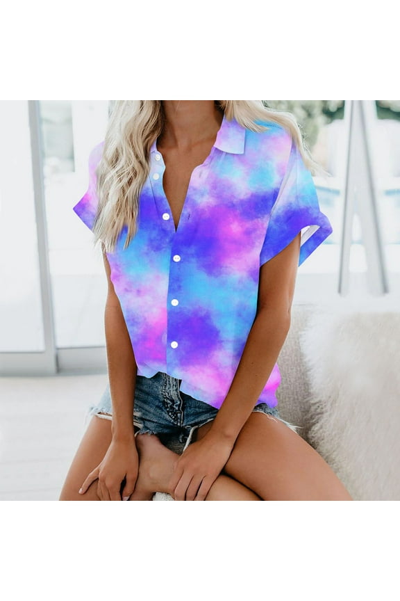 2 Pcs Women's Cow Print Button Down Short Sleeve Shirts Roll Up V Neck Cuffed Sleeve Blouses Casual Loose Fit Tops