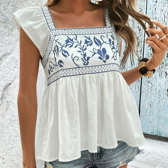 Rezuofi 2 Pcs Women's Floral Embroidery Ruffle Cap Sleeve Top Tie Back Flared Blouse Shirt