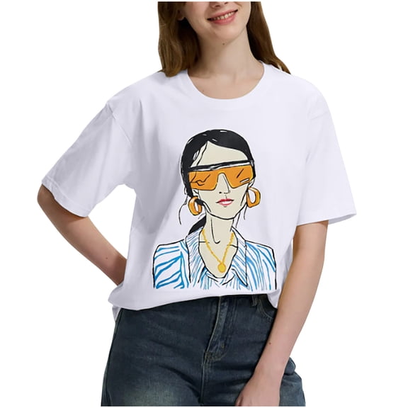 Rezuofi 2 Pcs Women's Graphic Printed Cartoon Short Sleeve Casual T-Shirt Top