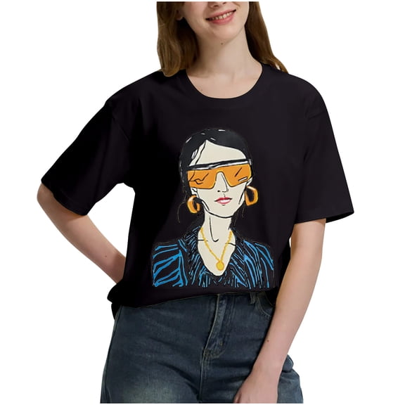 Rezuofi 2 Pcs Women's Graphic Printed Cartoon Short Sleeve Casual T-Shirt Top