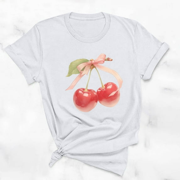 Rezuofi 2 Pcs Women's Graphic Vintage Tees Cherry Bow Letter Print Round Neck T Shirt Casual Summer Short Sleeve Trendy Tops