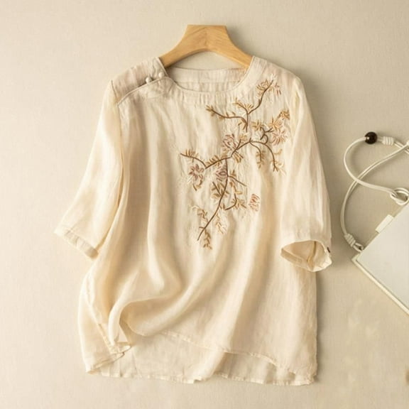 Rezuofi 2 Pcs Women's Linen Tops Bohemian Short Sleeve Shirts Summer Loose Crewneck Casual Vintage Embroidered Blouse Tops