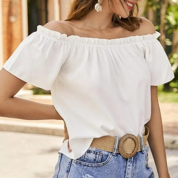 Rezuofi 2 Pcs Women's Off Shoulder Ruffle Short Sleeve Ruched Casual Loose Tops Blouse Shirt