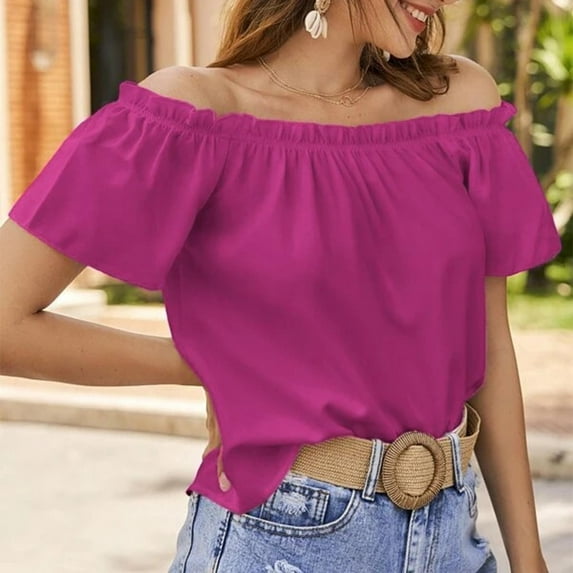 Rezuofi 2 Pcs Women's Off Shoulder Ruffle Short Sleeve Ruched Casual Loose Tops Blouse Shirt