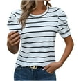 thumbnail image 1 of Rezuofi 2 Pcs Women's Short Puff Sleeve Knit Tops 2025 Trendy Crewneck Striped T Shirts Casual Summer Blouses, 1 of 8