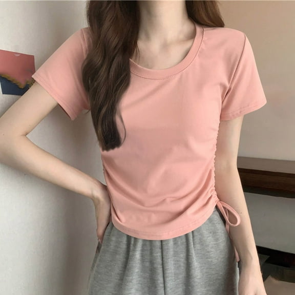 Rezuofi 2 Pcs Women's Short Sleeve Ruched Tops Crew Neck Fitted Basic Tees 2025 Summer Clothes