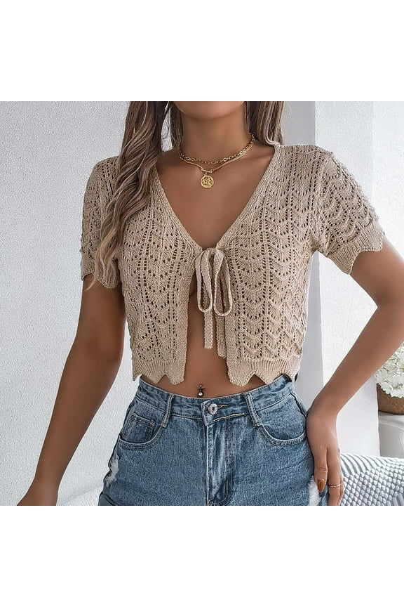 2 Pcs Women's Summer Short Sleeve Crochet Shrug Tie Front Open Knit Cropped Cardigan Lightweight Bolero Sweater Cover Up